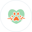 A green heart with a paw print and a heartbeat line inside it.