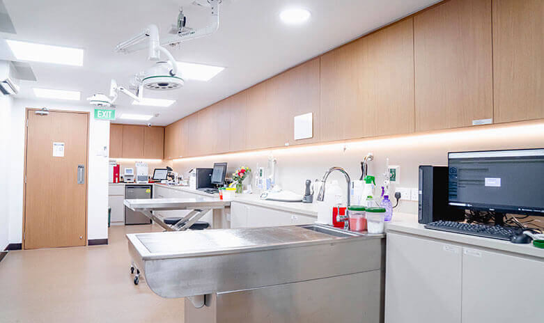 A clean, modern medical room with stainless steel tables, cabinets, equipment, and a computer workstation.